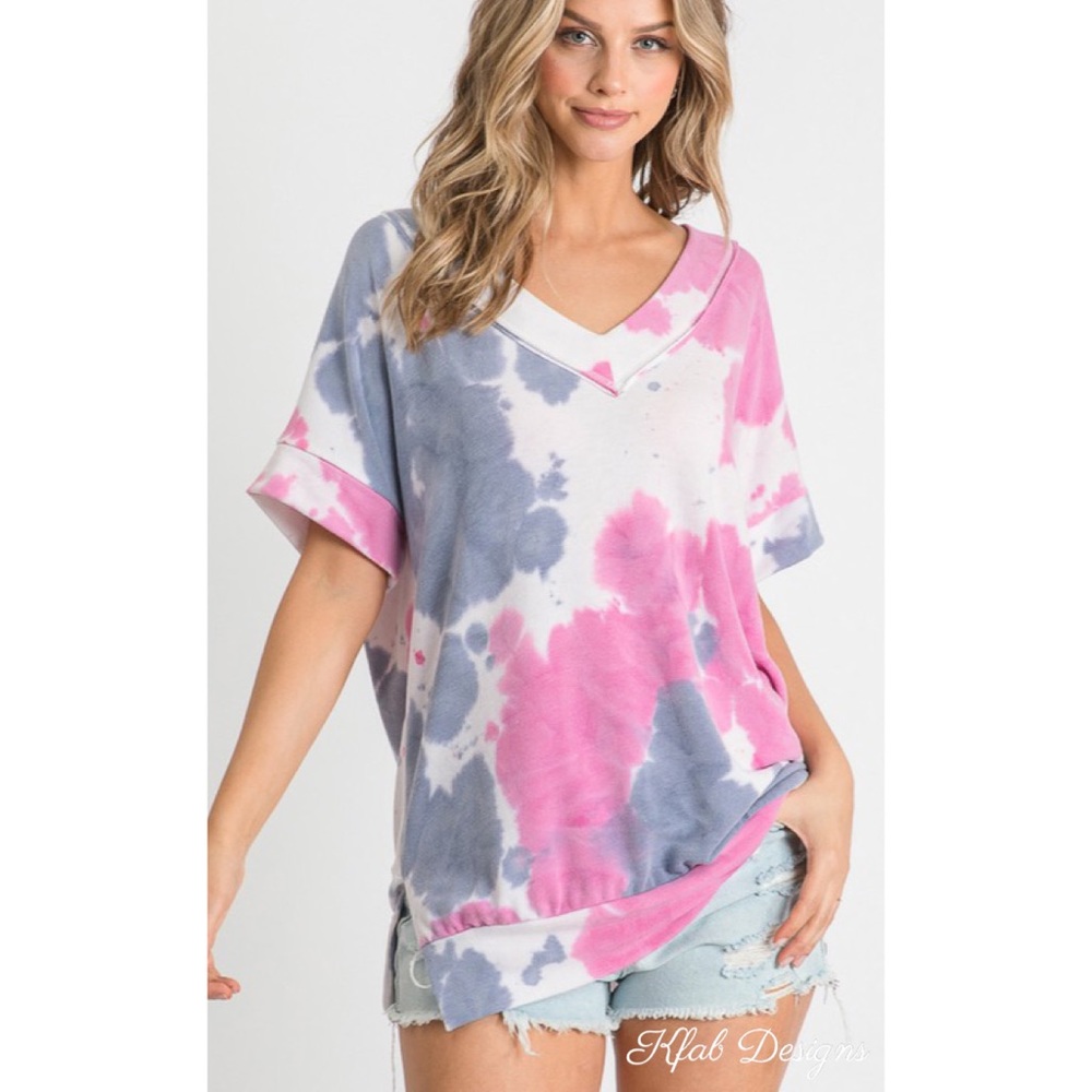 ❤️LAST 1! V Neck Super Soft Banded Hem Side Slit Tie Dye Top! - Picture 6 of 10